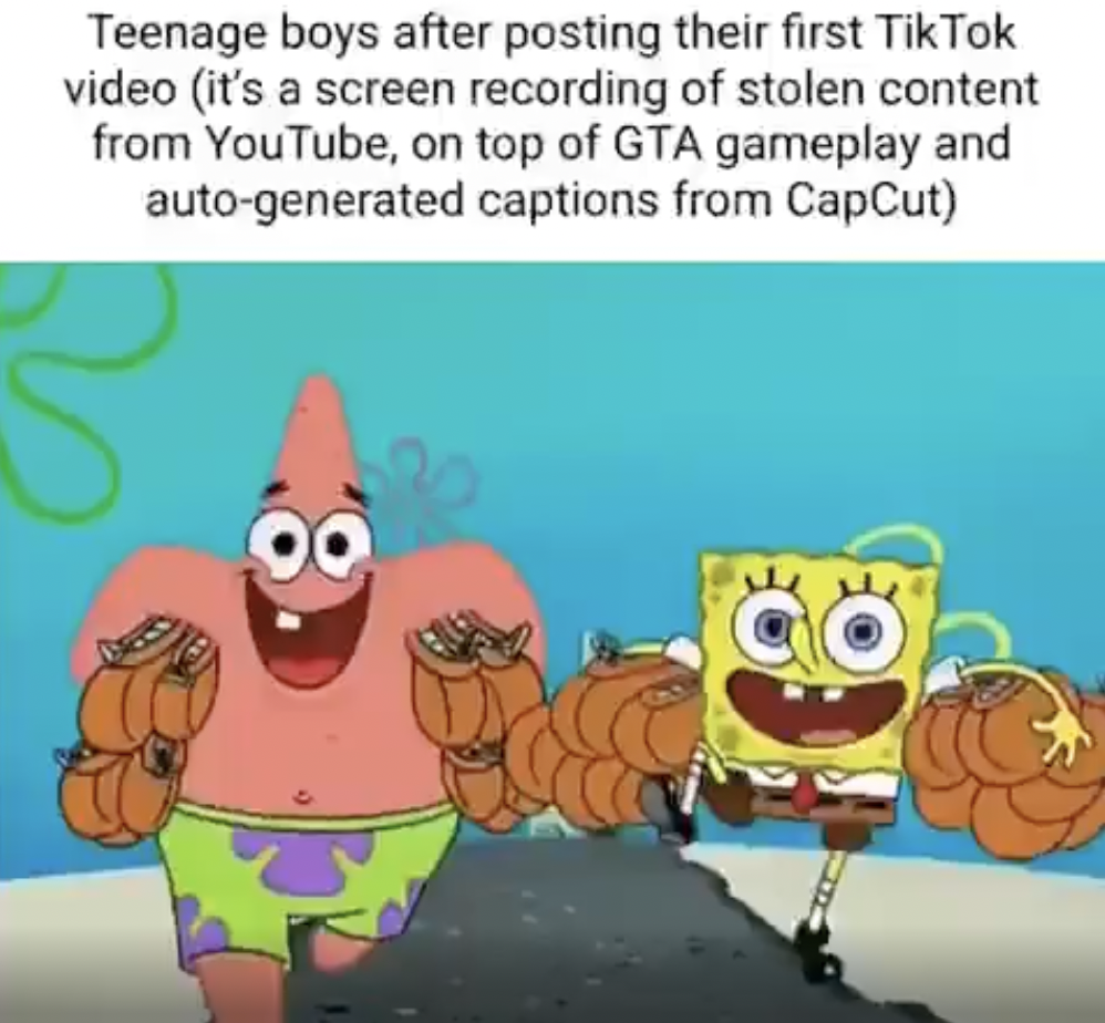 cartoon - Teenage boys after posting their first TikTok video it's a screen recording of stolen content from YouTube, on top of Gta gameplay and autogenerated captions from CapCut