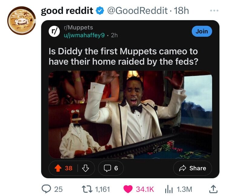 animation - Join good reddit Reddit 18h rMuppets ujwmahaffey9.2h Is Diddy the first Muppets cameo to have their home raided by the feds? 38 6 25 1,161 1.3M