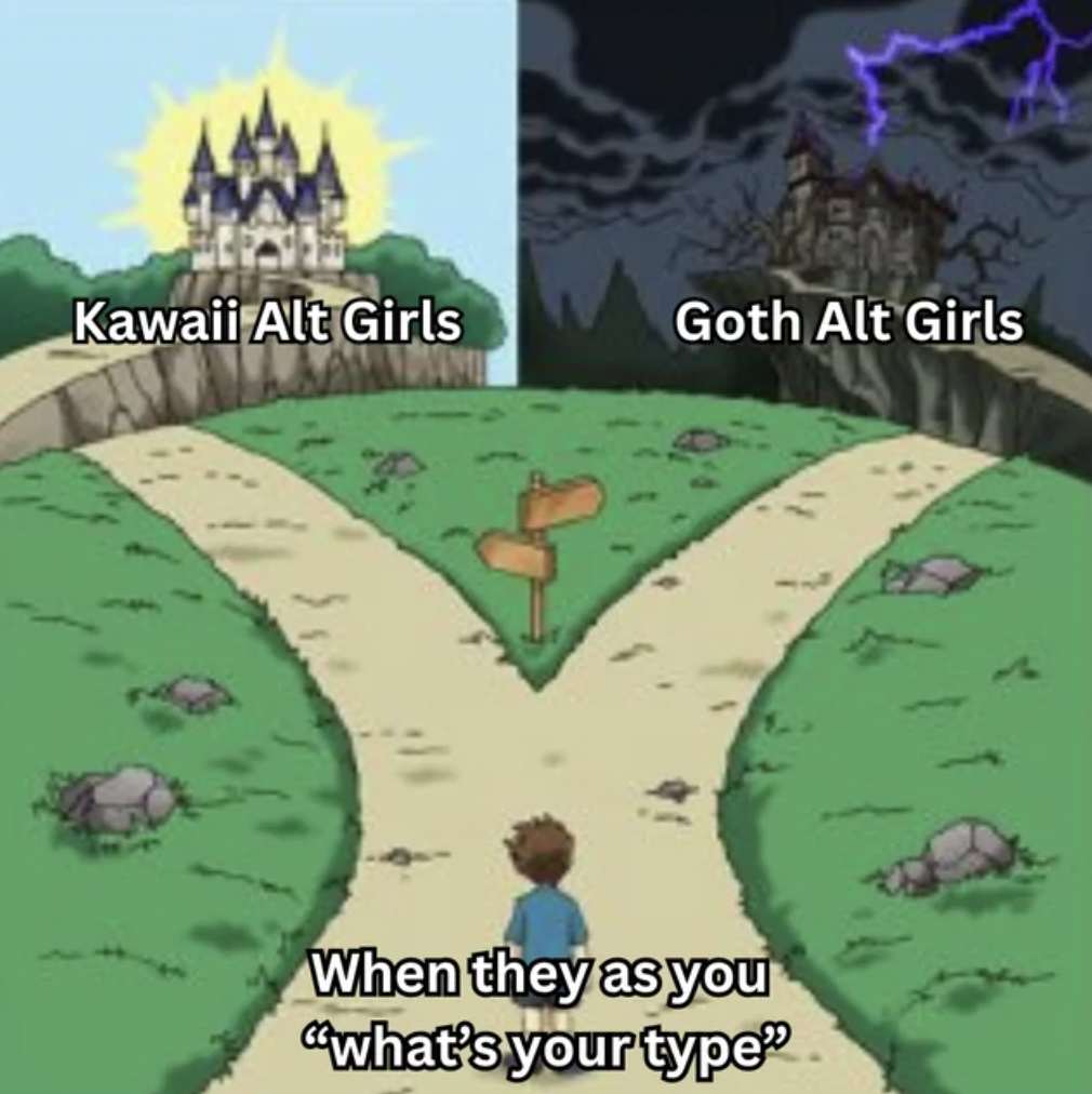 dramatic crossroads meme blank - Kawaii Alt Girls Goth Alt Girls When they as you "what's your type"