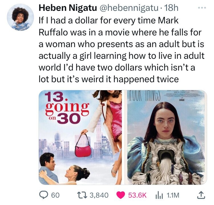 poor things movie ad - Heben Nigatu 18h If I had a dollar for every time Mark Ruffalo was in a movie where he falls for a woman who presents as an adult but is actually a girl learning how to live in adult world I'd have two dollars which isn't a lot but 