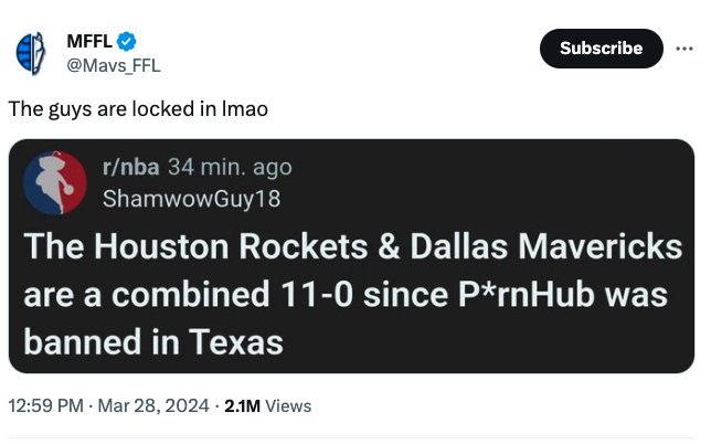 screenshot - Mffl The guys are locked in Imao rnba 34 min. ago ShamwowGuy18 Subscribe The Houston Rockets & Dallas Mavericks are a combined 110 since PrnHub was banned in Texas 2.1M Views