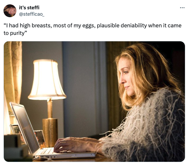carrie bradshaw meme - it's steffi "I had high breasts, most of my eggs, plausible deniability when it came to purity"