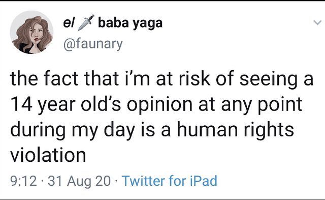 screenshot - > el baba yaga the fact that i'm at risk of seeing a 14 year old's opinion at any point during my day is a human rights violation 31 Aug 20 Twitter for iPad