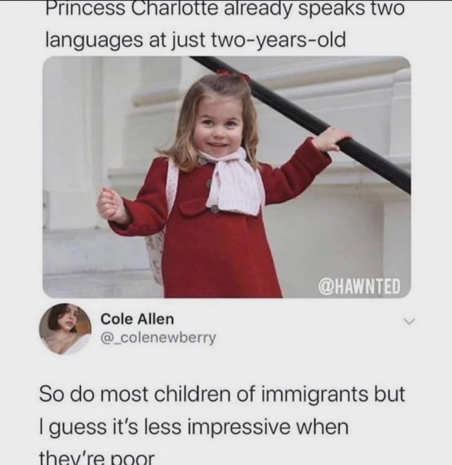 princess charlotte speaks two languages meme - Princess Charlotte already speaks two languages at just twoyearsold Cole Allen So do most children of immigrants but I guess it's less impressive when they're poor