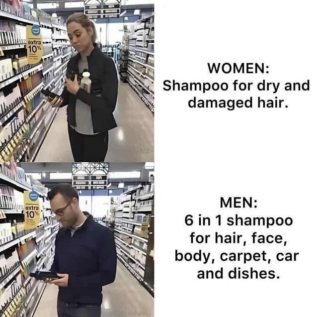 supermarket - extra 10% Women Shampoo for dry and damaged hair. oxtra 10% Men 6 in 1 shampoo for hair, face, body, carpet, car and dishes.