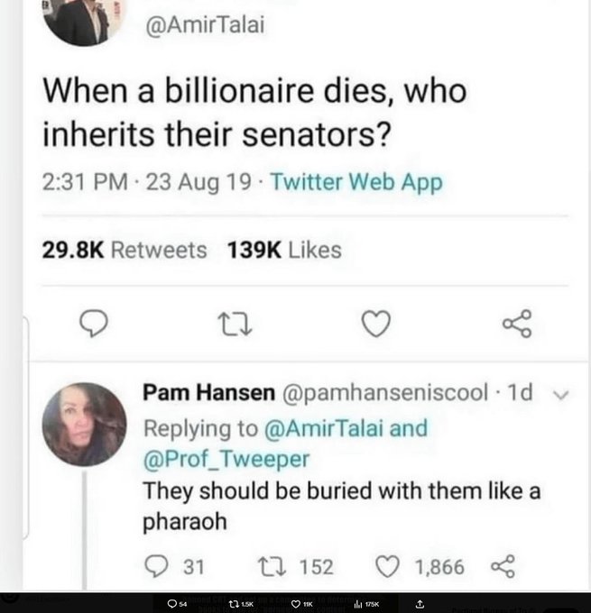 screenshot - When a billionaire dies, who inherits their senators? 23 Aug 19 Twitter Web App 27 Pam Hansen 1d and They should be buried with them a pharaoh 31 1152 1,866 Q54 11K ild I