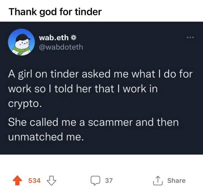 screenshot - Thank god for tinder wab.eth A girl on tinder asked me what I do for work so I told her that I work in crypto. She called me a scammer and then unmatched me. 534 37