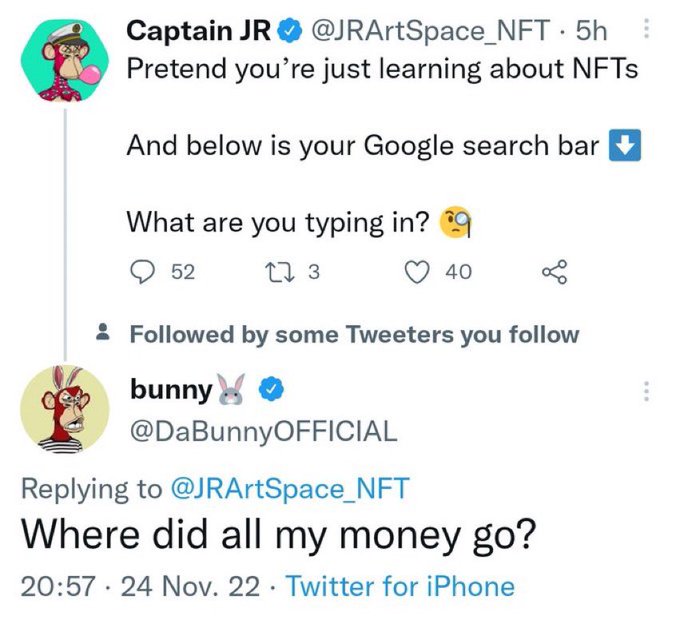 screenshot - Captain Jr . 5h Pretend you're just learning about Nfts And below is your Google search bar What are you typing in? 52 273 40 ed by some Tweeters you bunny Where did all my money go? 24 Nov. 22 Twitter for iPhone