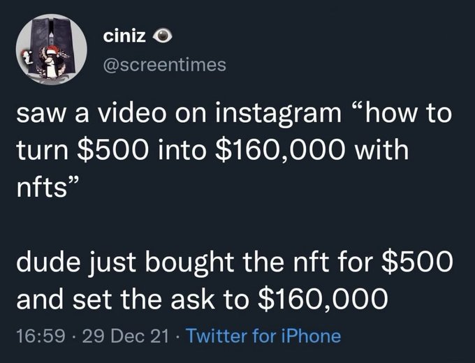 screenshot - ciniz O saw a video on instagram "how to turn $500 into $160,000 with nfts" dude just bought the nft for $500 and set the ask to $160,000 29 Dec 21 Twitter for iPhone