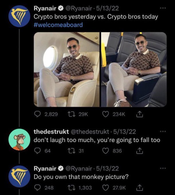 crypto bros taking ls - Ryanair 51322 Crypto bros yesterday vs. Crypto bros today 2, thedestrukt 51322 don't laugh too much, you're going to fall too 64 131 836 Ryanair 51322 Do you own that monkey picture? 248 11,303