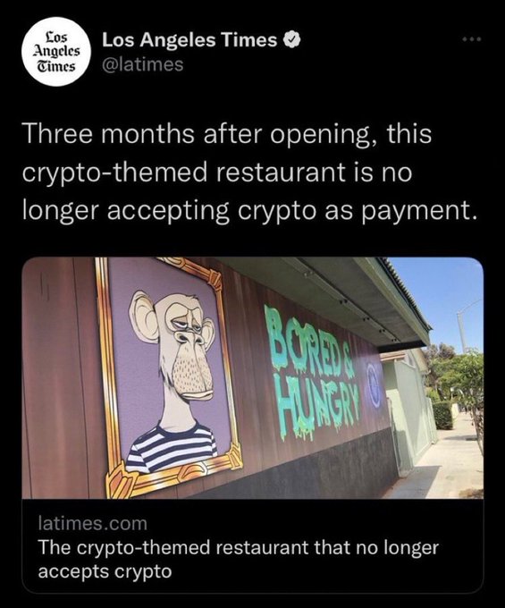 cartoon - Los Angeles Times Los Angeles Times Three months after opening, this cryptothemed restaurant is no longer accepting crypto as payment. Bored latimes.com The cryptothemed restaurant that no longer accepts crypto