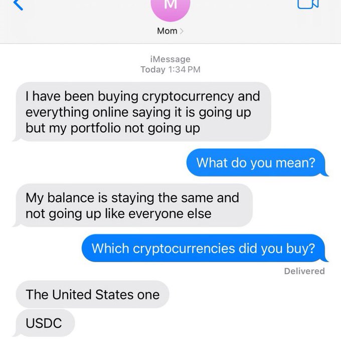 screenshot - M Mom > iMessage Today I have been buying cryptocurrency and everything online saying it is going up but my portfolio not going up What do you mean? My balance is staying the same and not going up everyone else Which cryptocurrencies did you 