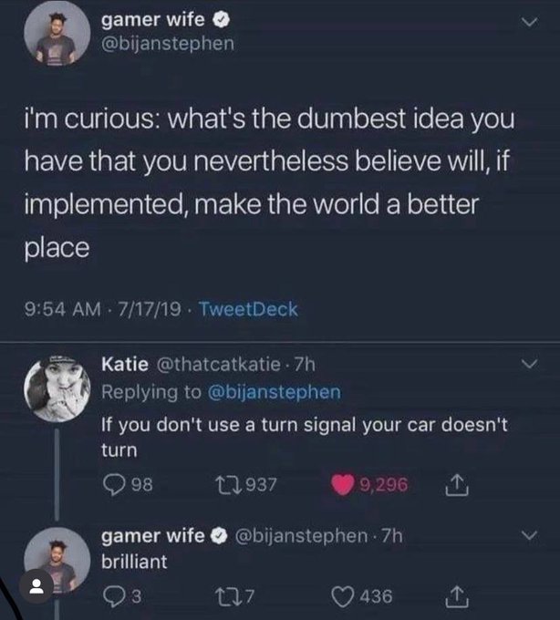 screenshot - gamer wife i'm curious what's the dumbest idea you have that you nevertheless believe will, if implemented, make the world a better place 71719 TweetDeck Katie 7h If you don't use a turn signal your car doesn't turn 98 17937 9,296 gamer wife 