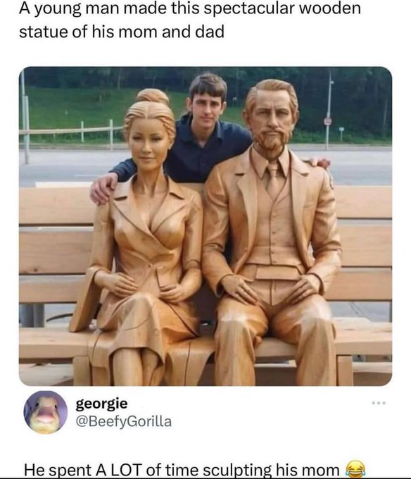 photo caption - A young man made this spectacular wooden statue of his mom and dad georgie He spent A Lot of time sculpting his mom