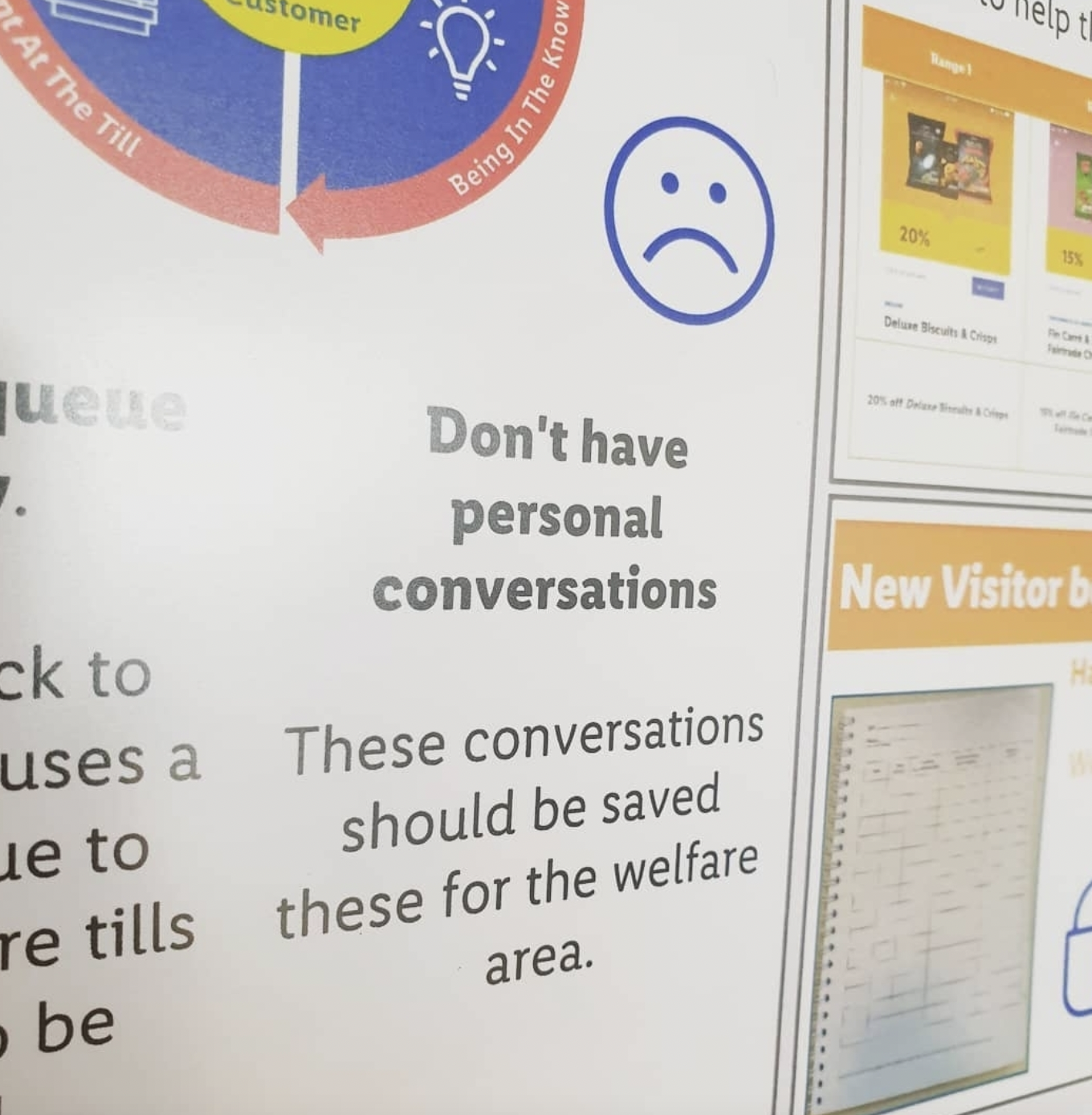signage - At The Till tomer D Being In ueue . Don't have personal conversations 20% elp ck to New Visitor b uses a These conversations ue to should be saved Te tills these for the welfare be area.