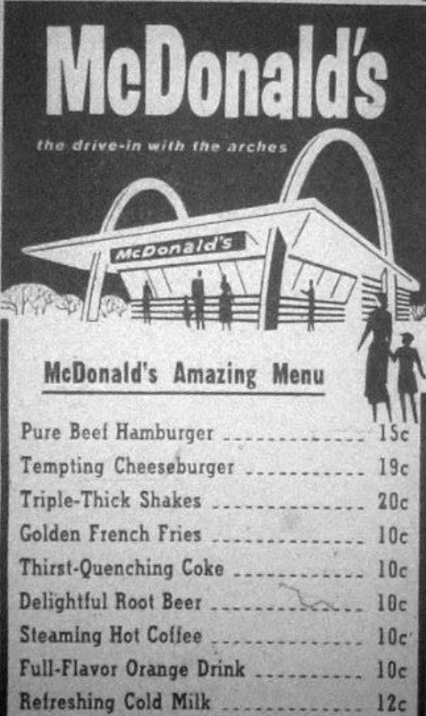 McDonald's menu in 1960.