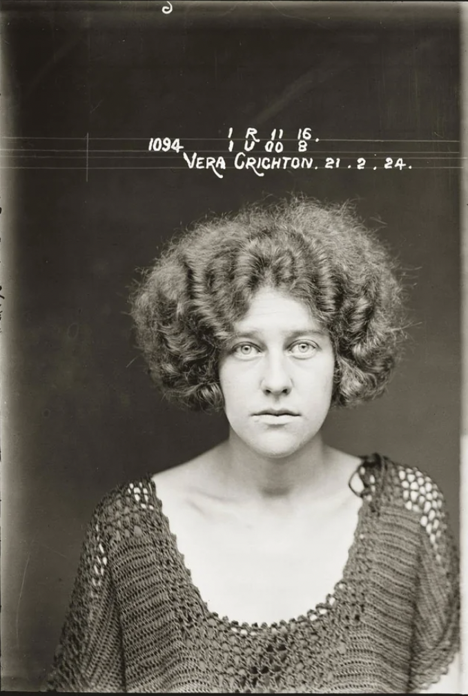 Mugshot in 1924. Charged with "Conspiracy to procure a miscarriage."