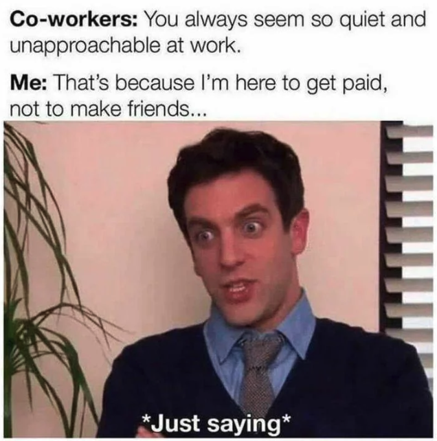 photo caption - Coworkers You always seem so quiet and unapproachable at work. Me That's because I'm here to get paid, not to make friends... Just saying