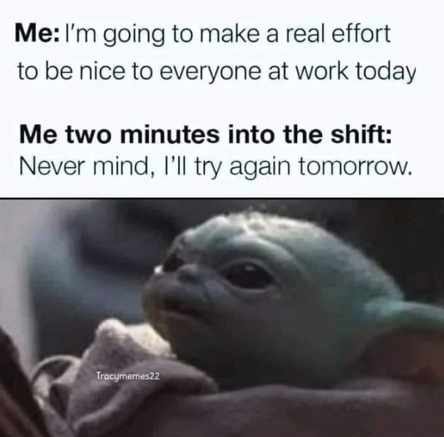 photo caption - Me I'm going to make a real effort to be nice to everyone at work today Me two minutes into the shift Never mind, I'll try again tomorrow. Tracymemes22