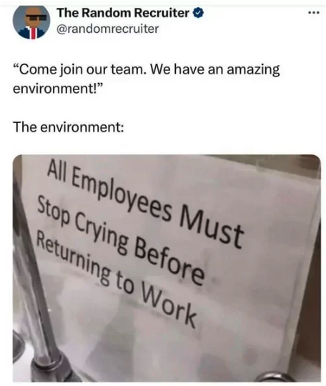 screenshot - The Random Recruiter "Come join our team. We have an amazing environment!" The environment All Employees Must Stop Crying Before Returning to Work ...