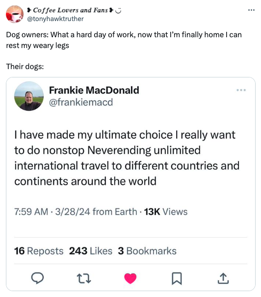 screenshot - Coffee Lovers and Fans Dog owners What a hard day of work, now that I'm finally home I can rest my weary legs Their dogs Frankie MacDonald I have made my ultimate choice I really want to do nonstop Neverending unlimited international travel t