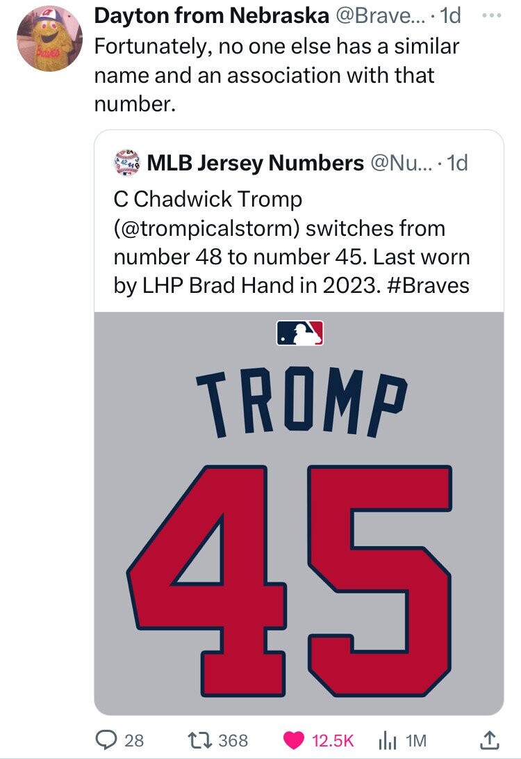 number - Dayton from Nebraska .... 1d Fortunately, no one else has a similar name and an association with that number. Mlb Jersey Numbers .... 1d C Chadwick Tromp switches from number 48 to number 45. Last worn by Lhp Brad Hand in 2023. Tromp 45 28 17 368