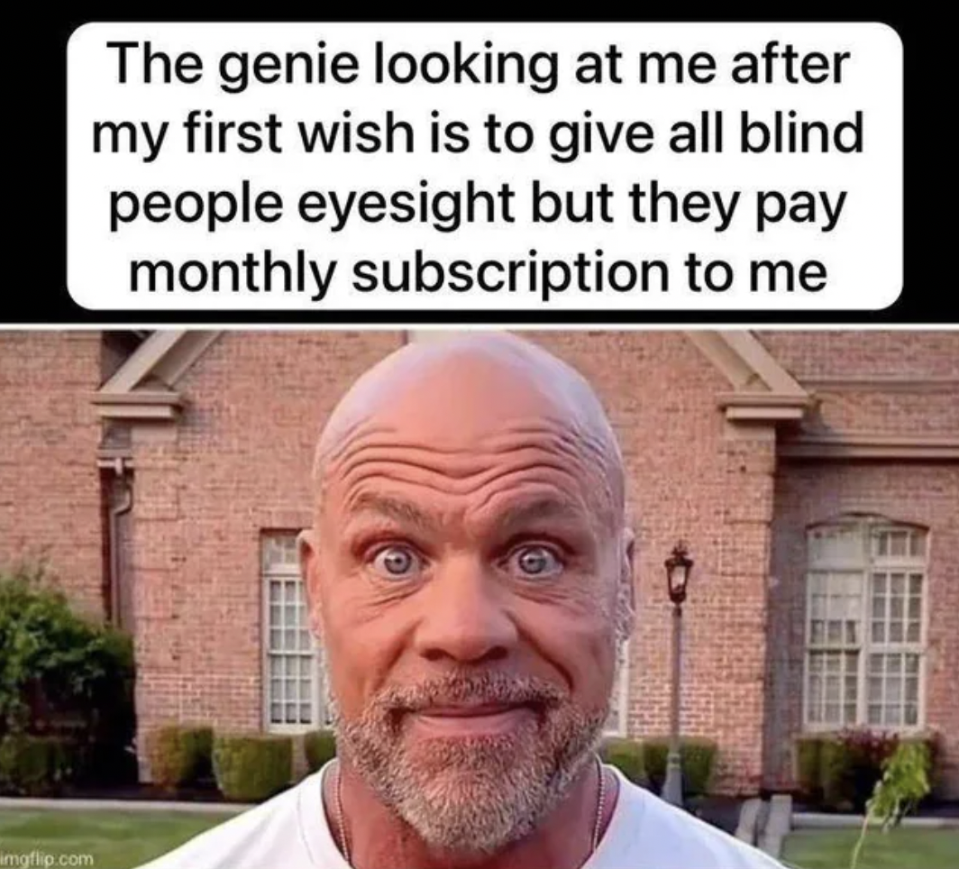 bald guy staring meme - imgflip.com The genie looking at me after my first wish is to give all blind people eyesight but they pay monthly subscription to me