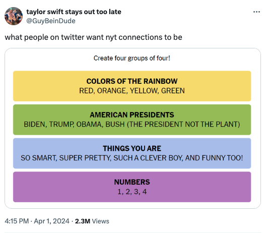 screenshot - taylor swift stays out too late what people on twitter want nyt connections to be Create four groups of four! Colors Of The Rainbow Red, Orange, Yellow, Green American Presidents Biden, Trump, Obama, Bush The President Not The Plant Things Yo