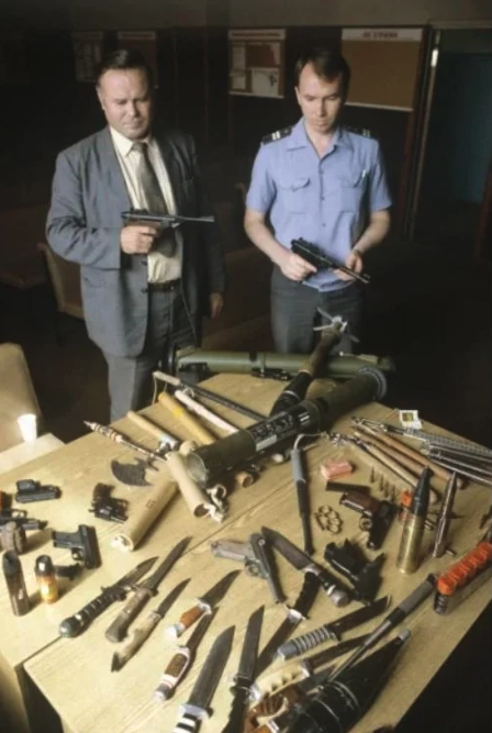 Weapons confiscated from passengers, Domodedovo International Airport, Moscow, 1991.