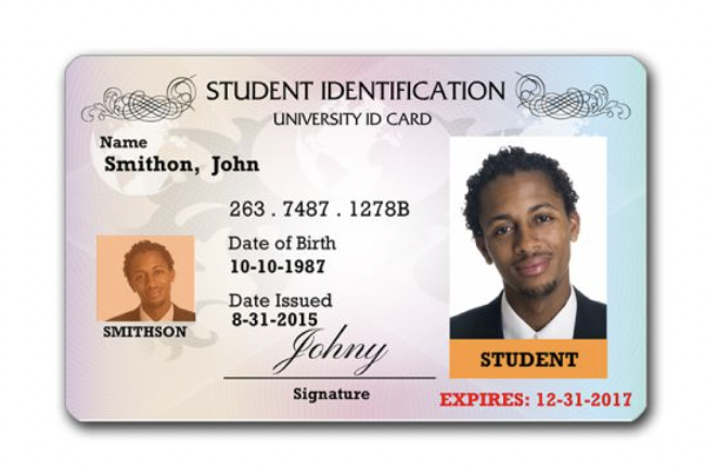 id maker - Name Student Identification Smithon, John Smithson University Id Card 263.7487.1278B Date of Birth 10101987 Date Issued 8312015 Johny Signature Student Expires 12312017