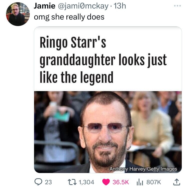 photo caption - Jamie 13h omg she really does Ringo Starr's granddaughter looks just the legend Anthony HarveyGetty Images 23 1,304