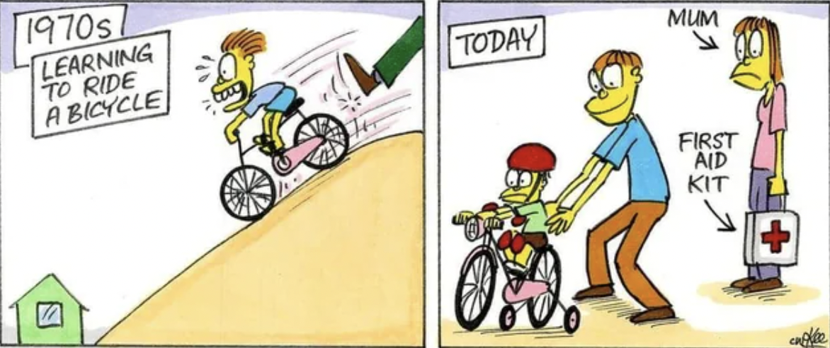 cartoon - 1970s Learning To Ride A Bicycle Today Mum First Aid Kit