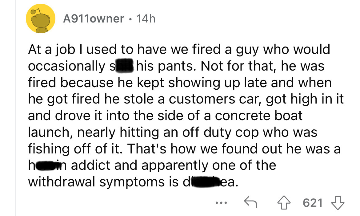 screenshot - A911owner 14h At a job I used to have we fired a guy who would occasionally s his pants. Not for that, he was fired because he kept showing up late and when he got fired he stole a customers car, got high in it and drove it into the side of a