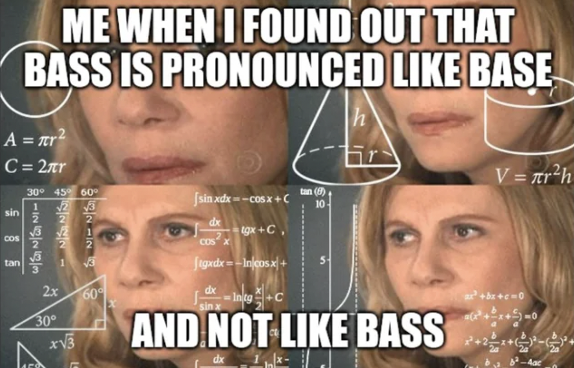 women calculating meme - Me When I Found Out That Bass Is Pronounced Base A r C 2r h V rh sin Cos tan 30 45 60 1 2 2 123 122271 2253 24 2x 30 x3 60 sin xdx Cosx C de Cos tgxC. ftgxdx ln\cos x sin x tan 9 10 And Not Bass xbc0
