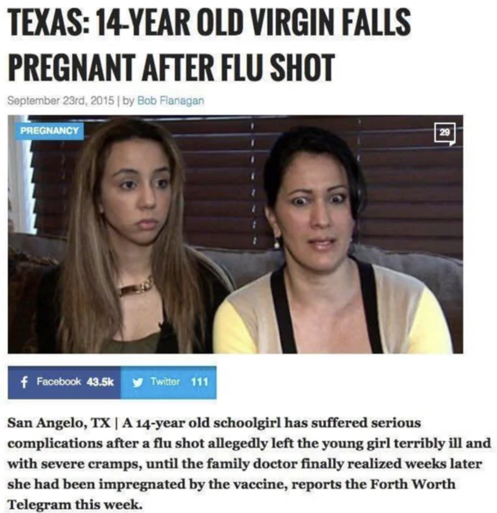 media - Texas 14Year Old Virgin Falls Pregnant After Flu Shot September 23rd, 2015 | by Bob Flanagan Pregnancy f Facebook Twitter 111 San Angelo, Tx | A 14year old schoolgirl has suffered serious complications after a flu shot allegedly left the young gir