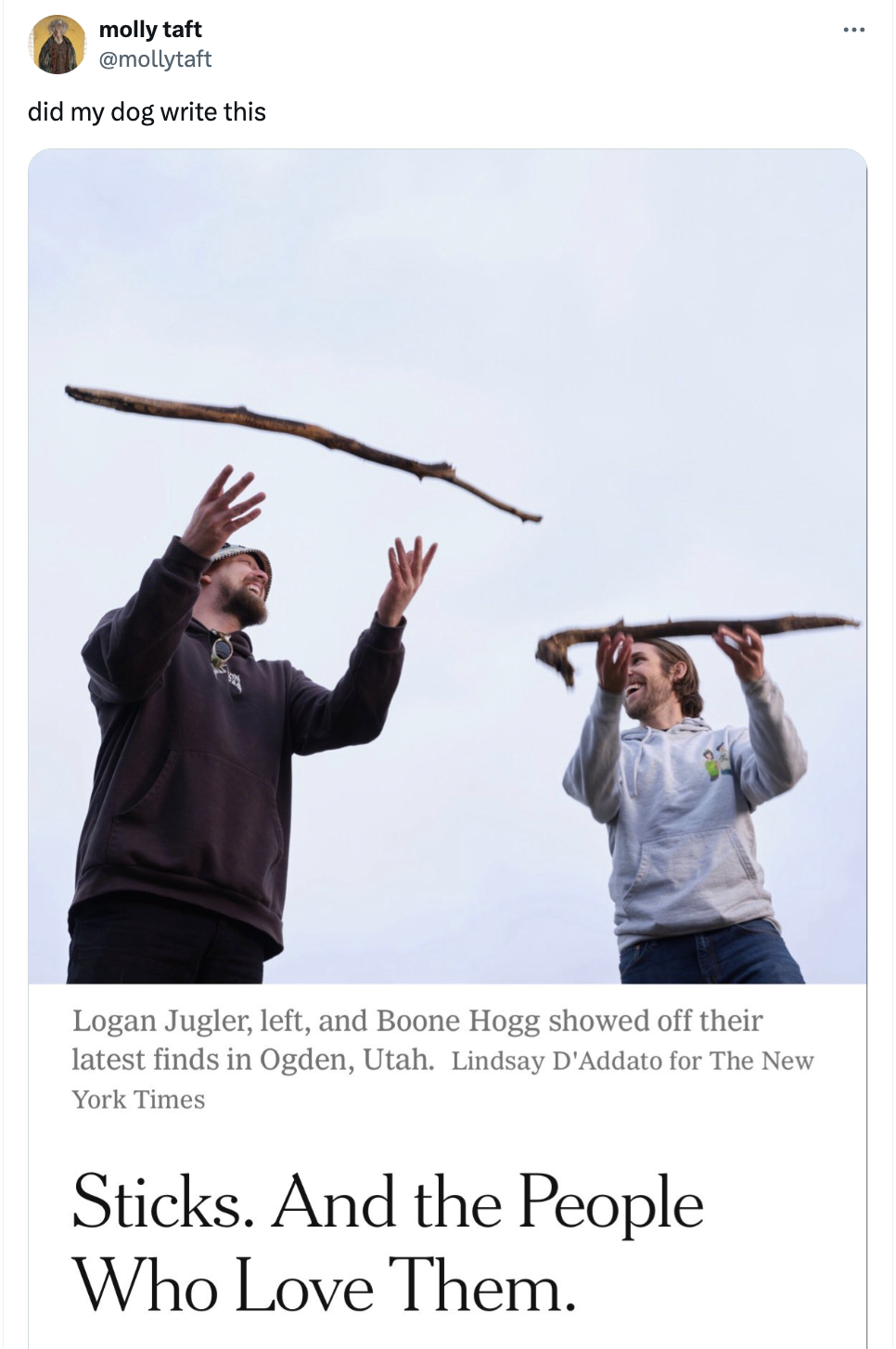 cast a fishing line - molly taft did my dog write this Logan Jugler, left, and Boone Hogg showed off their latest finds in Ogden, Utah. Lindsay D'Addato for The New York Times Sticks. And the People Who Love Them.