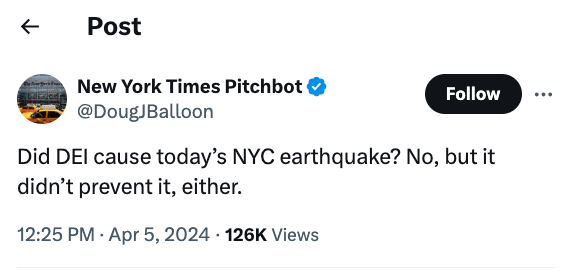 screenshot - Post New York Times Pitchbot Did DEl cause today's Nyc earthquake? No, but it didn't prevent it, either. Views