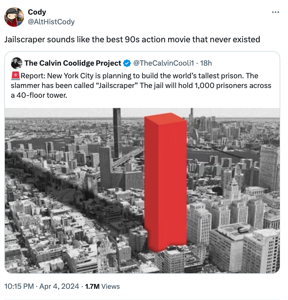 chinatown tower prison - Cody Jailscraper sounds the best 90s action movie that never existed The Calvin Coolidge Project Cooli1 18h Report New York City is planning to build the world's tallest prison. The slammer has been called "Jailscraper" The jail w