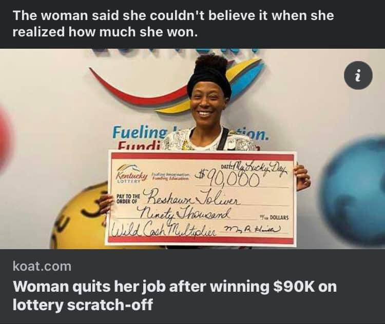 photo caption - The woman said she couldn't believe it when she realized how much she won. koat.com Fueling Fundi ion. Dart My Lucky Day Kentucky nation $90,000' Lottery Pay To The Order Of Reshawn Joliver Ninety Thousand Ydollars "Wild Cash Multiclier M.
