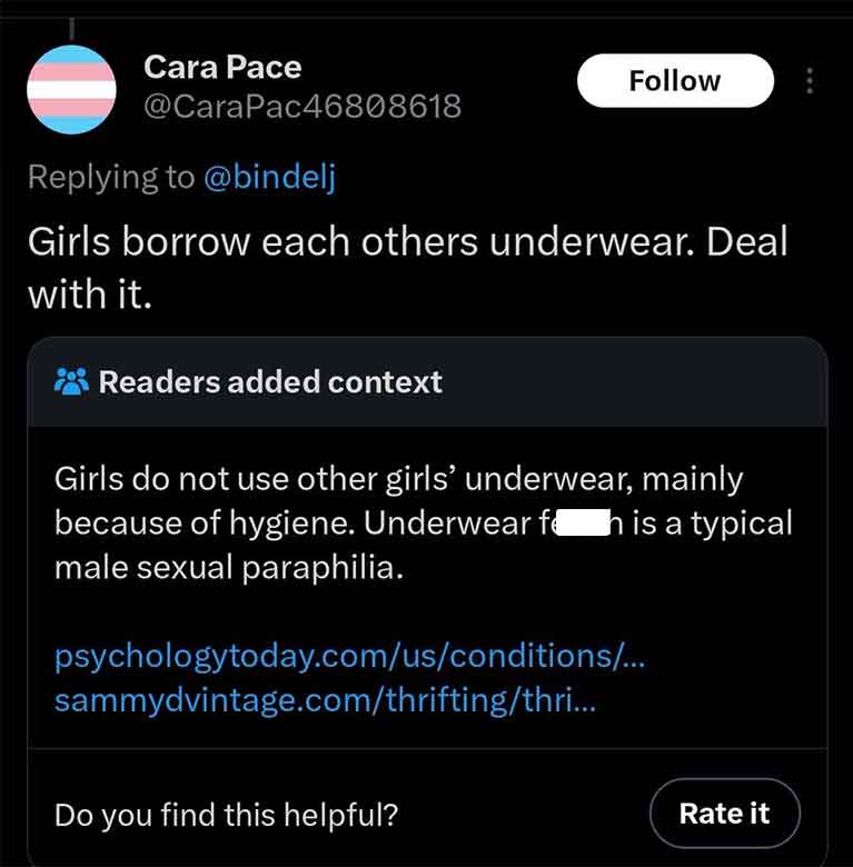 screenshot - Cara Pace Girls borrow each others underwear. Deal with it. Readers added context Girls do not use other girls' underwear, mainly because of hygiene. Underwear fh is a typical male sexual paraphilia. psychologytoday.comusconditions...…