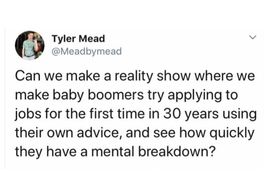 screenshot - Tyler Mead L Can we make a reality show where we make baby boomers try applying to jobs for the first time in 30 years using their own advice, and see how quickly they have a mental breakdown?