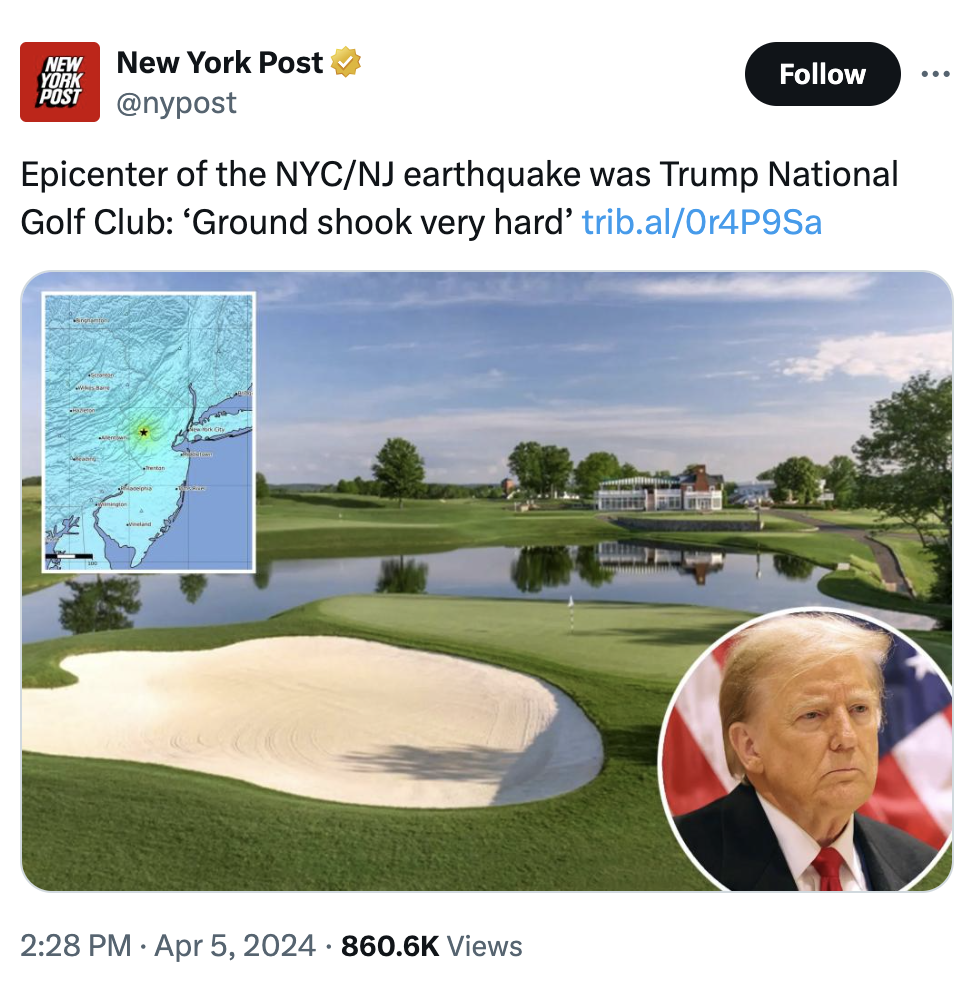 donald trump golfbana - New New York Post York Post Epicenter of the NycNj earthquake was Trump National Golf Club 'Ground shook very hard' trib.alOr4P9Sa Views