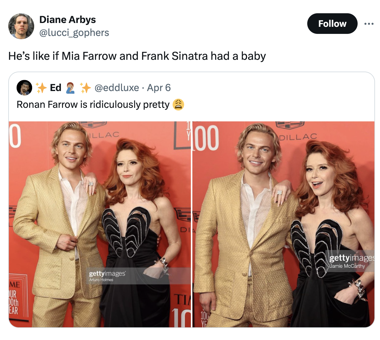 screenshot - Diane Arbys He's if Mia Farrow and Frank Sinatra had a baby Ed 2 Apr 6 Ronan Farrow is ridiculously pretty 0 Llac L00 Dillac D Me 10th Ear gettyimages Ti gettyimages Jamie McCarthy