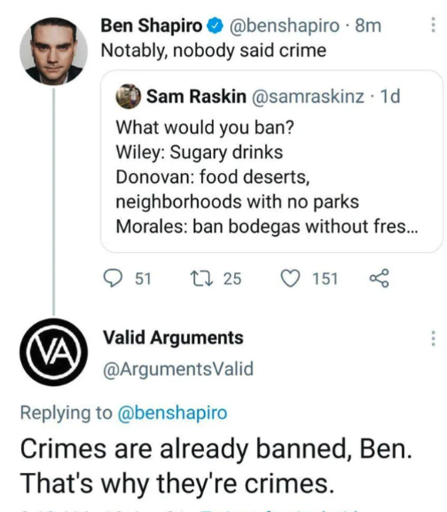 Crime - Ben Shapiro 8m Notably, nobody said crime O Sam Raskin . 1d What would you ban? Wiley Sugary drinks Donovan food deserts, neighborhoods with no parks Morales ban bodegas without fres... 51 1725 151 Va Valid Arguments Crimes are already banned, Ben