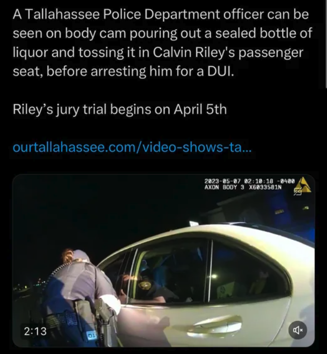concept car - A Tallahassee Police Department officer can be seen on body cam pouring out a sealed bottle of liquor and tossing it in Calvin Riley's passenger seat, before arresting him for a Dui. Riley's jury trial begins on April 5th ourtallahassee.comv