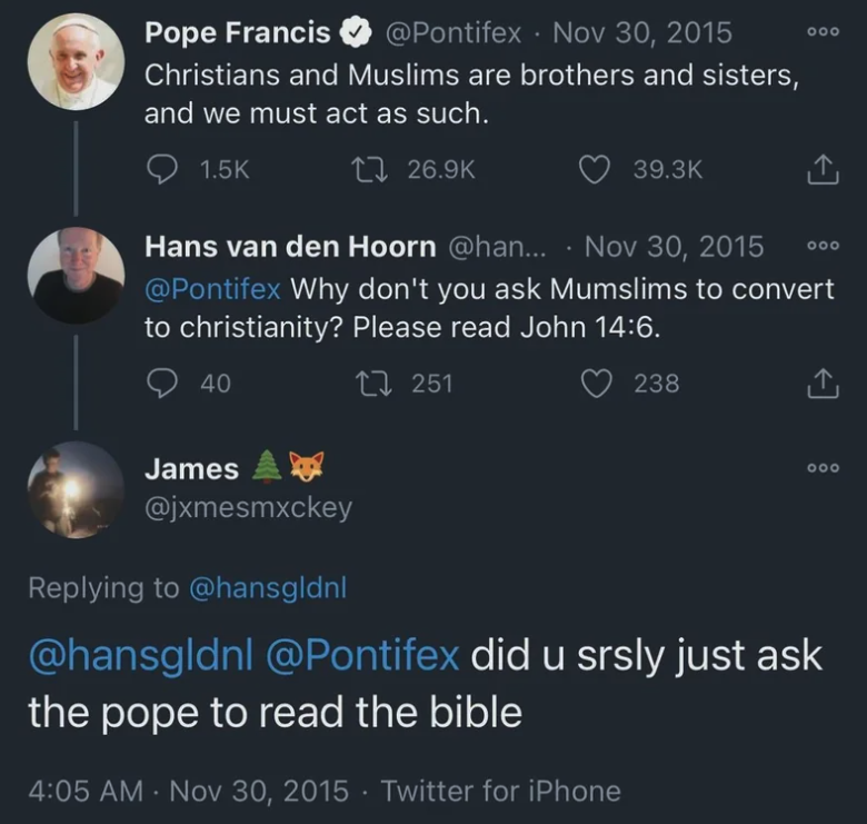 screenshot - Pope Francis Christians and Muslims are brothers and sisters, and we must act as such. 000 000 Hans van den Hoorn ... Why don't you ask Mumslims to convert to christianity? Please read John . 40 17251 238 James 000 did u srsly just ask the po