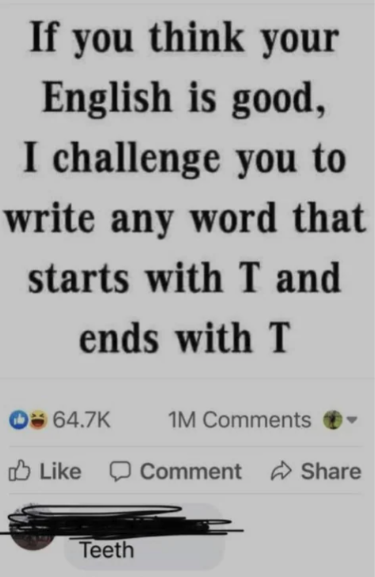colorfulness - If you think your English is good, I challenge you to write any word that starts with T and ends with T 1M Comment Teeth