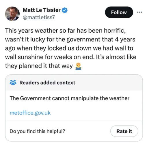 screenshot - Matt Le Tissier This years weather so far has been horrific, wasn't it lucky for the government that 4 years ago when they locked us down we had wall to wall sunshine for weeks on end. It's almost they planned it that way Readers added contex