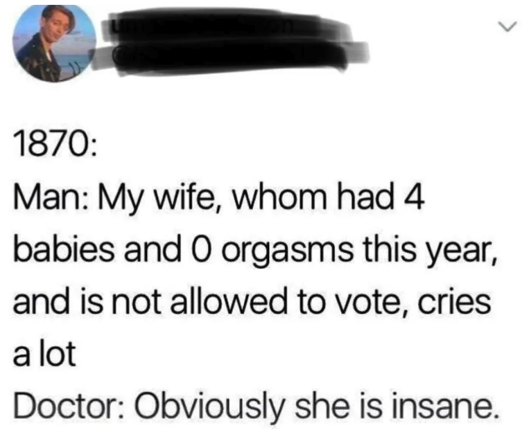 parallel - J 1870 Man My wife, whom had 4. babies and 0 orgasms this year, and is not allowed to vote, cries a lot Doctor Obviously she is insane.