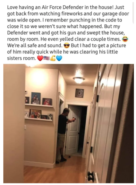 interior design - Love having an Air Force Defender in the house! Just got back from watching fireworks and our garage door was wide open. I remember punching in the code to close it so we weren't sure what happened. But my Defender went and got his gun a
